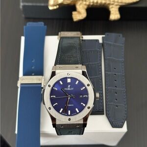 Hublot Silver and Blue Watch with Extra Straps